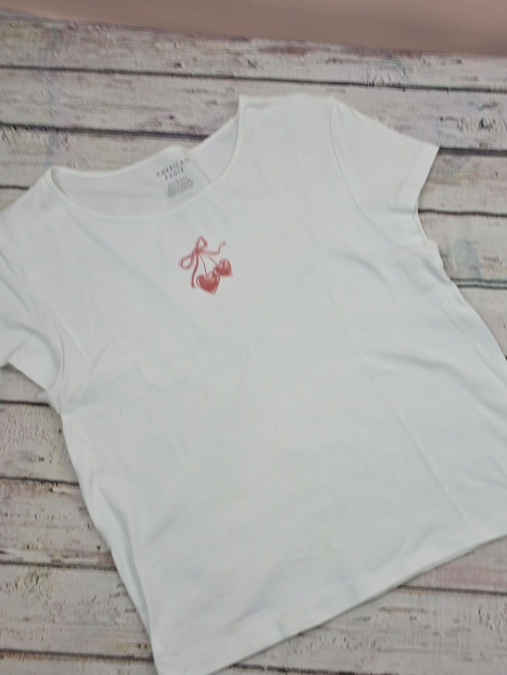 American Eagle Outfitters White Short Sleeve Tee with Pink Cherry Graphic